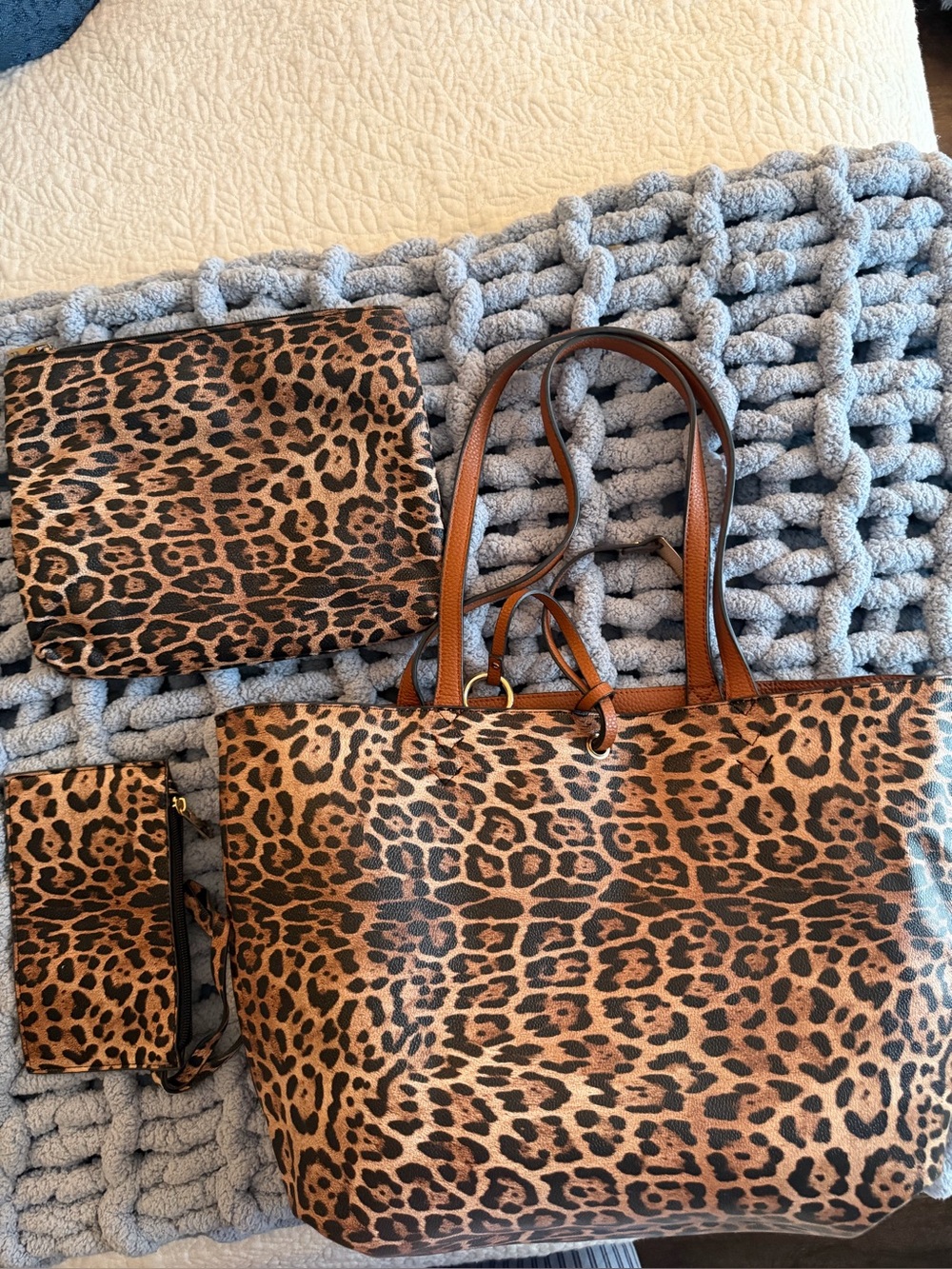 Leopard Print Reversible Tote with Matching Wristlet and Pouch - Brown